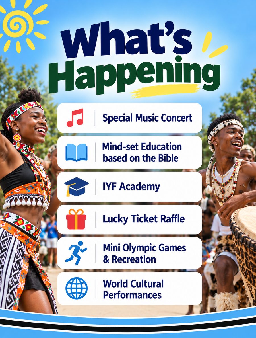 What's happening: concert, mind-set education, IYF Academy, lucky ticket raffle, mini Olympic games and world cultural performances