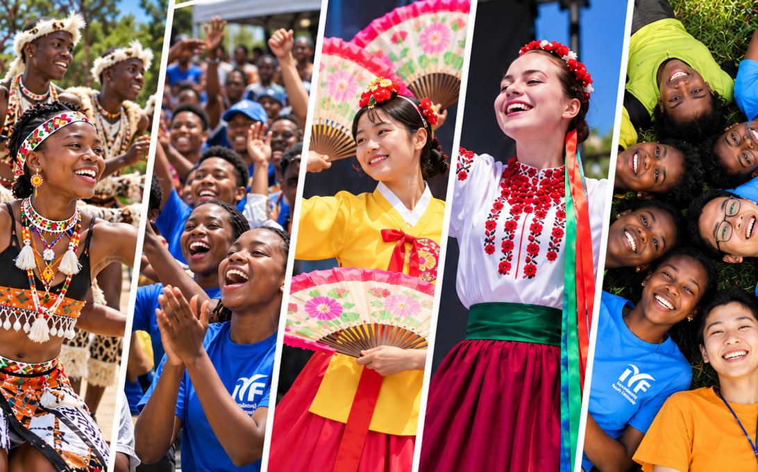 Smiling young people in traditional dress and IYF volunteer shirts, performing and cheering together.